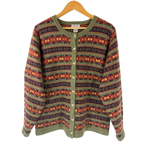 Vintage SKYR Fair Isle 100% Wool Knit Cardigan Sweater Nordic Ski Sz L - Picture 1 of 9